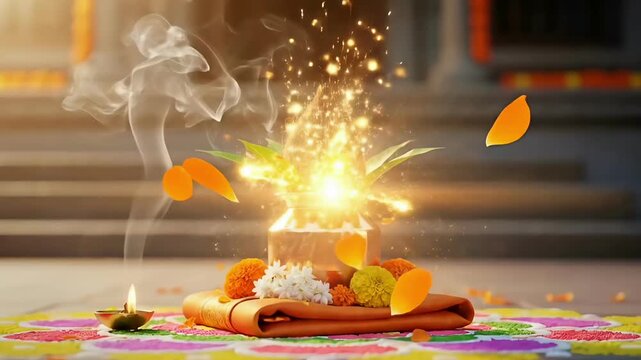 Traditional ugadi gudi padwa ritual with golden kalash coconut mango leaves rangoli diya smoke indian new year temple celebration background