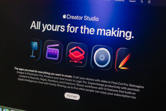 Jakarta, Indonesia - February 12, 2026: A computer monitor that displays multimedia editing applications for Mac OS users. Apple Creator Studio apps.