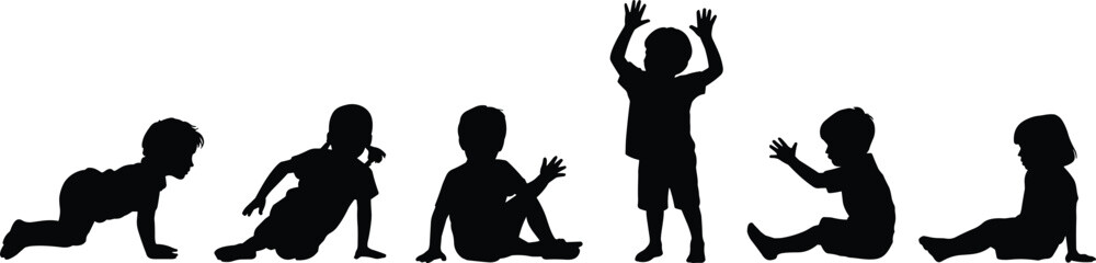 Silhouettes of six young children in seated and crawling positions, minimalist artistic composition symbolizing growth, play, development stages, innocence, and childhood activity design.