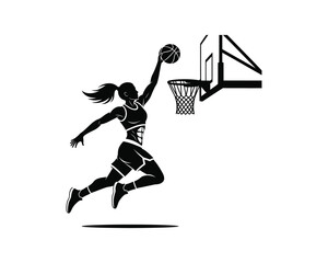 Ponytail female Basketball dunk vector silhouette illustration design, ponytail female dunk vector, women basketball dunk silhouette, female athlete dunk vector, girl basketball slam dunk silhouette,  © Rasel