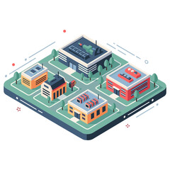 Isometric digital city on tablet with buildings and trees