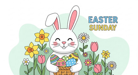 Happy Easter Sunday celebration with a joyful rabbit holding colorful eggs surrounded by blooming flowers in a vibrant spring scene