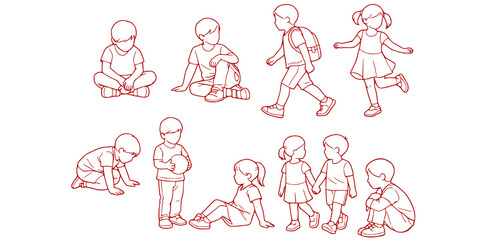 CAD Drawings. Set kids outlines isolated on white background. Sitting, walking, etc. Vector illustration.