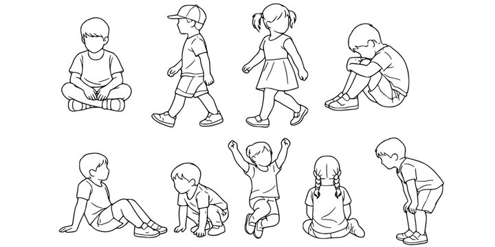 CAD Drawings. Set kids outlines isolated on white background. Sitting, walking, etc. Vector illustration.