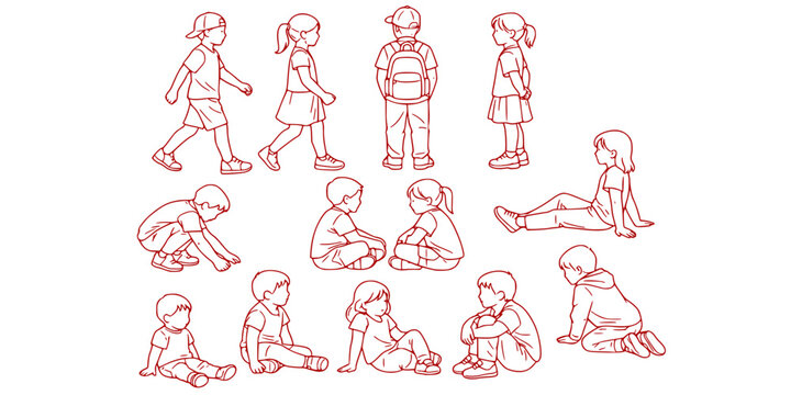 CAD Drawings. Set kids outlines isolated on white background. Sitting, walking, etc. Vector illustration.