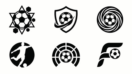 Soccer football logo set featuring player silhouette, a star, an 'F' letter football logo and spiral shapes for sports club branding design. © Visualize Vivid