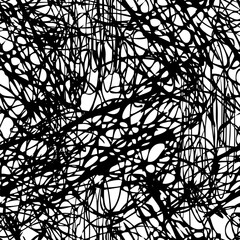 Obraz premium Abstract seamless pattern of chaotic scribble lines and tangled organic shapes in black and white. Modern monochrome texture ideal for backgrounds, textiles, packaging, and contemporary design.