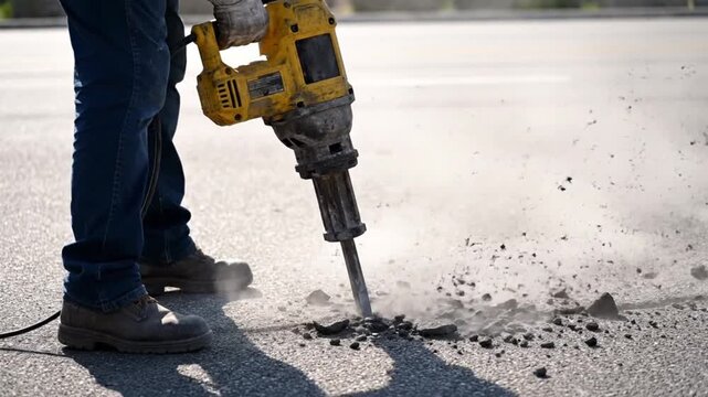 Close side view cinematic footage of construction laborer drilling into damaged asphalt road using pneumatic jackhammer wearing complete safety equipment yellow helmet reflective vest protective glove