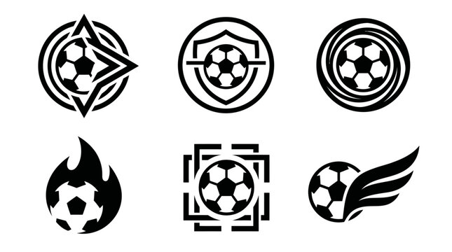 Black and white soccer football logo emblem set featuring a winged ball, flame and geometric shield shapes for sports club branding.
