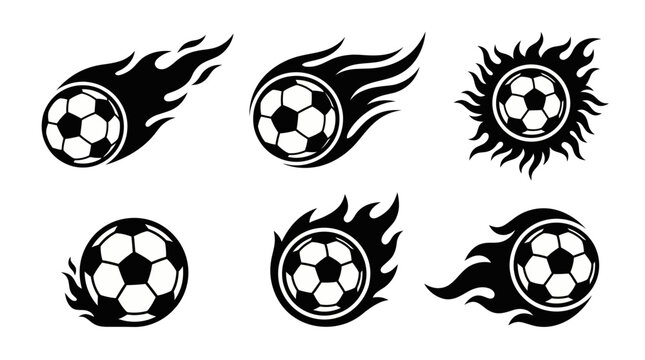 Silhouette of flaming soccer football logo set featuring burning fire trail and fast-speed motion symbols for sports logos and branding.
