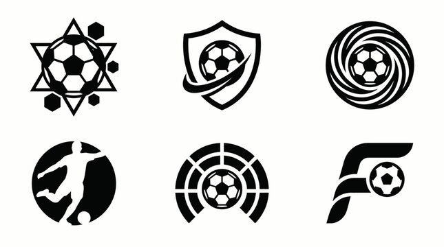 Soccer football logo set featuring player silhouette, a star, an 'F' letter football logo and spiral shapes for sports club branding design.
