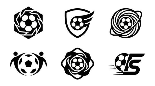 Black and white soccer football logo emblem set featuring shield and team badge symbols for sports club identity, sports branding, tournament identity, and championship graphic design. 