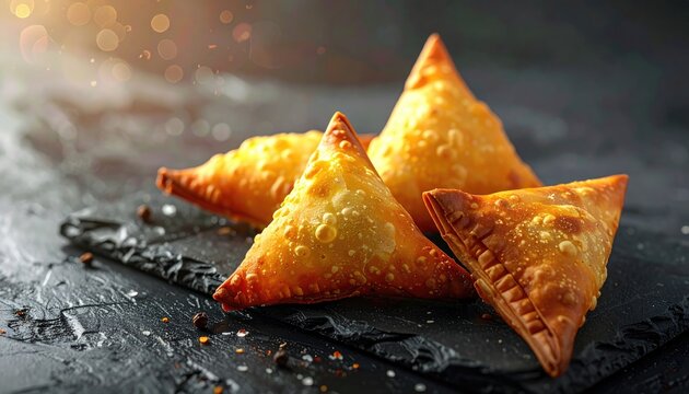 Delicious golden brown fried samosas arranged on a dark textured surface.