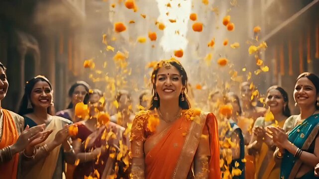 Joyful gudi padwa celebration with indian women showering marigold flowers traditional saree festival happiness community culture greeting background