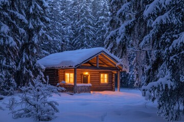 Snowy forest cabin at night