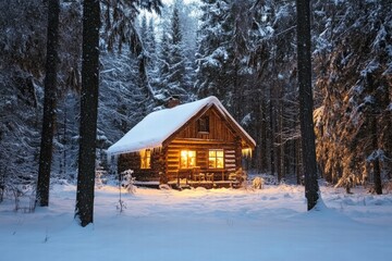 Glowing cabin in snowy woods