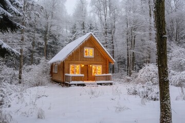 Cozy cabin in snowy landscape