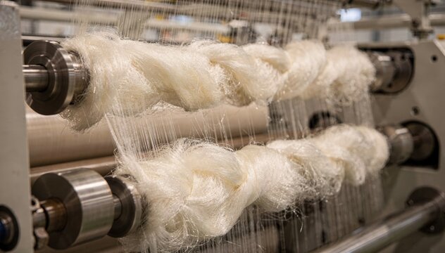 Closeup medium shot showcasing bulked nylon filaments being processed with falsetwist texturizing emphasizing volume and softness in synthetic fabric manufacturing.