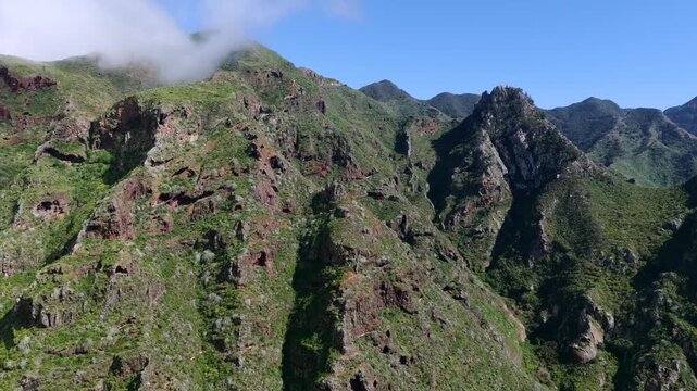 Aerial view over the rugged Anaga Massif peaks and the prehistoric barrancos of Punta del Hidalgo