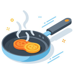 Illustration of eggs frying in pan with steam on white background