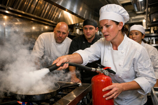 Female chef using fire extinguisher in commercial kitchen safety training