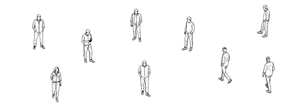 Architectural People Entourage Scale Figures for Rendering, Minimalist Line Art Vector Illustration of Diverse People Walking and Standing, Technical Drawing Human Scales for CAD and Floor Plans