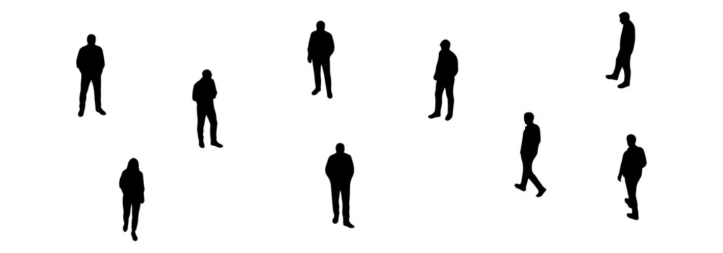 Architectural People Entourage Scale Figures Silhouette for Rendering, Minimalist Line Art Vector Illustration of Diverse People Walking and Standing, Technical Drawing Human Scales