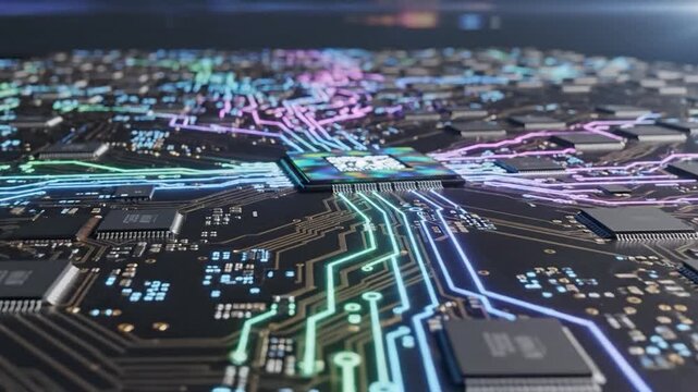Central processing unit on a circuit board with glowing data pathways