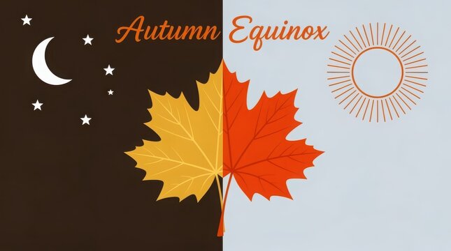 Autumn Equinox conceptual illustration, split day and night background with maple leaf, sun and moon symbols for seasonal balance