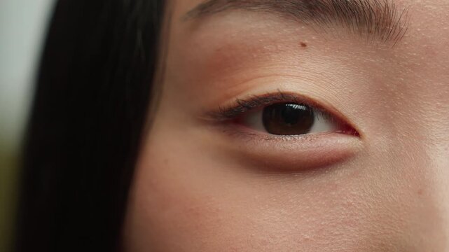 Closeup female eye blinking Asian woman blink looking at camera eye surgery wearing contact lenses ophthalmology medicine clinic good eyesight Chinese Korean Japanese girl concentration gazing staring