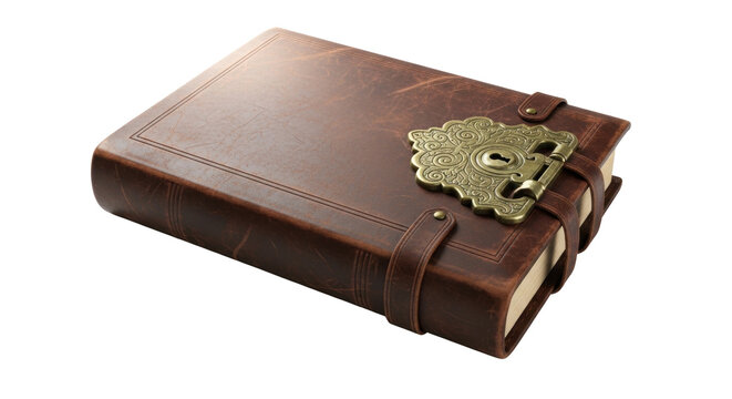 Old brown leather journal with ornate lock