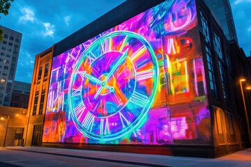 Colorful mural clock on building