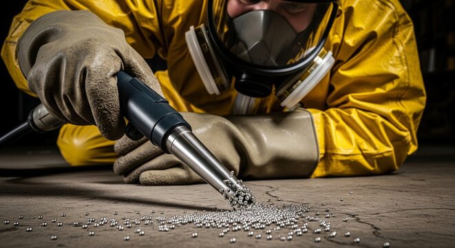 Professional hazmat worker cleaning up liquid mercury spill on concrete