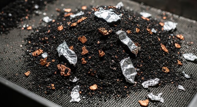 Recycled lithium battery black mass on industrial laboratory mesh screen