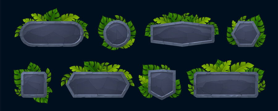 Stone game interface elements with jungle frame and rocky buttons for UI design. Cartoon tropical leaf signs and ancient boards with adventure vibes. Stone tablets with vector icons for mobile apps.