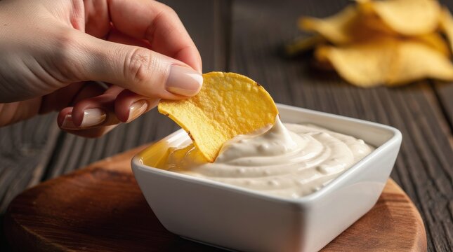 Crispy potato chip dipping into creamy white sauce, hand holding salty snack over bowl of garlic dip, crunchy appetizer on rustic wooden table
