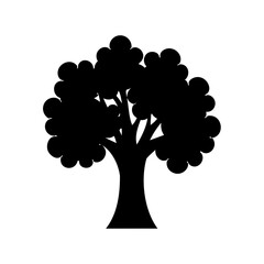 A simple black silhouette of a cartoon-like tree with a full round canopy and sturdy trunk Vector, illustration