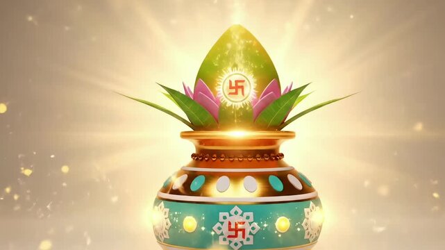Sacred Gudi Padwa Ugadi new year background with decorative kalash mango leaves lotus and auspicious symbol glow for hindu festival greeting