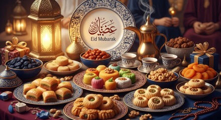 Obraz premium Eid Mubarak Family Celebration with Traditional Feast and Gift Giving