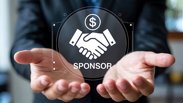 Hands holding digital handshake icon with dollar symbol, representing business partnership and financial sponsorship in corporate setting