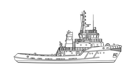 Detailed line drawing illustration of a modern tugboat, showcasing its robust design and maritime features for towing and harbor operations.