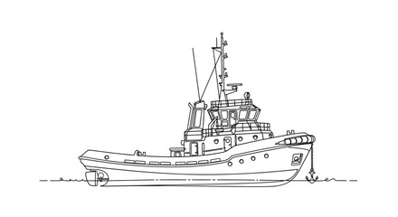 A detailed line drawing of a tugboat with an anchor, floating on water.