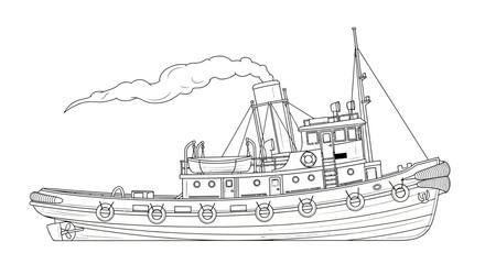 Detailed line drawing of a vintage steam-powered tugboat with smoke billowing from its smokestack, depicted in profile view.