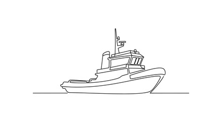 Continuous line drawing of a tugboat on water, minimalist vector art illustration.