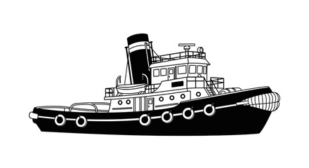 Obraz premium A detailed black and white illustration of a classic tugboat with a prominent smokestack and a series of circular fenders along its hull.