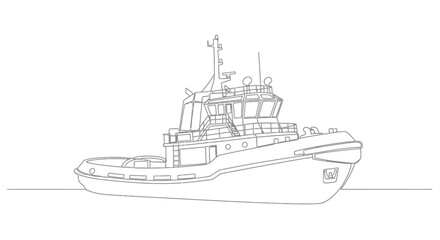 Line drawing of a modern tugboat floating on water, depicted in a minimalist style with clean outlines.
