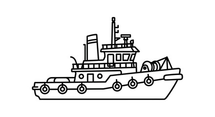 Black and white line art drawing of a tugboat, a small powerful vessel used for towing larger ships, featuring a detailed cabin, mast, and fenders along its hull.
