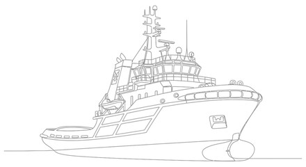 Detailed line drawing of a modern offshore support vessel or tugboat, viewed from the front-right perspective.