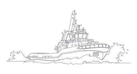 A detailed line drawing of a powerful tugboat navigating through choppy waters, creating significant spray.