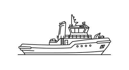 A detailed line drawing of a modern tugboat with a prominent cabin and superstructure, viewed from the side.